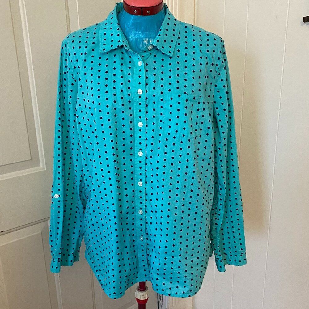 Kim Rogers Petite 100% Cotton Long Sleeve Polka Dot Womens Top Size PXL